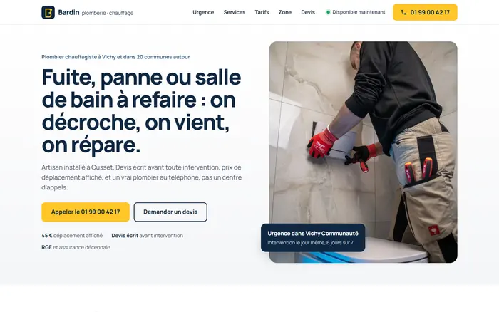 Après : titre qui dit le métier et la zone, bouton d’appel visible, prix du déplacement et garanties affichés.
