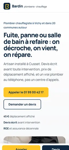Après, sur mobile : texte lisible, boutons Appeler et Devis toujours accessibles en bas de l’écran.
