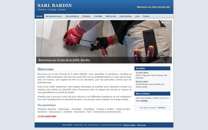 Avant : page d’accueil avec diaporama, texte de bienvenue générique et téléphone relégué en pied de page.